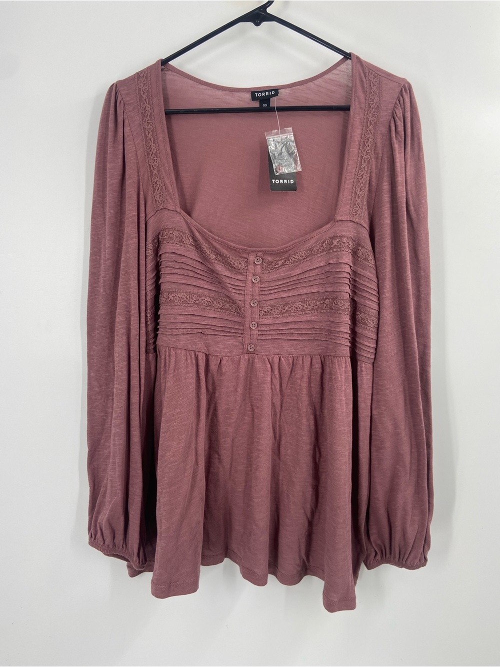 NWT Torrid Cotton Modal Slub Square Neck Pintuck Long Sleeve Top Rose Taupe 00 - Picture 3 of 8